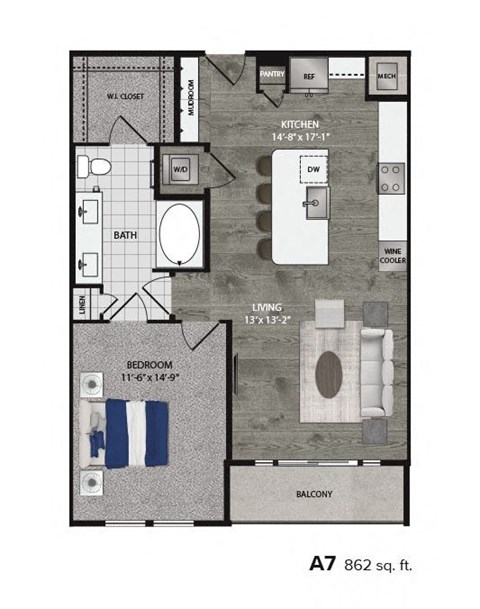 Floor plan for 1 bed, 1 bath, 862 sqft